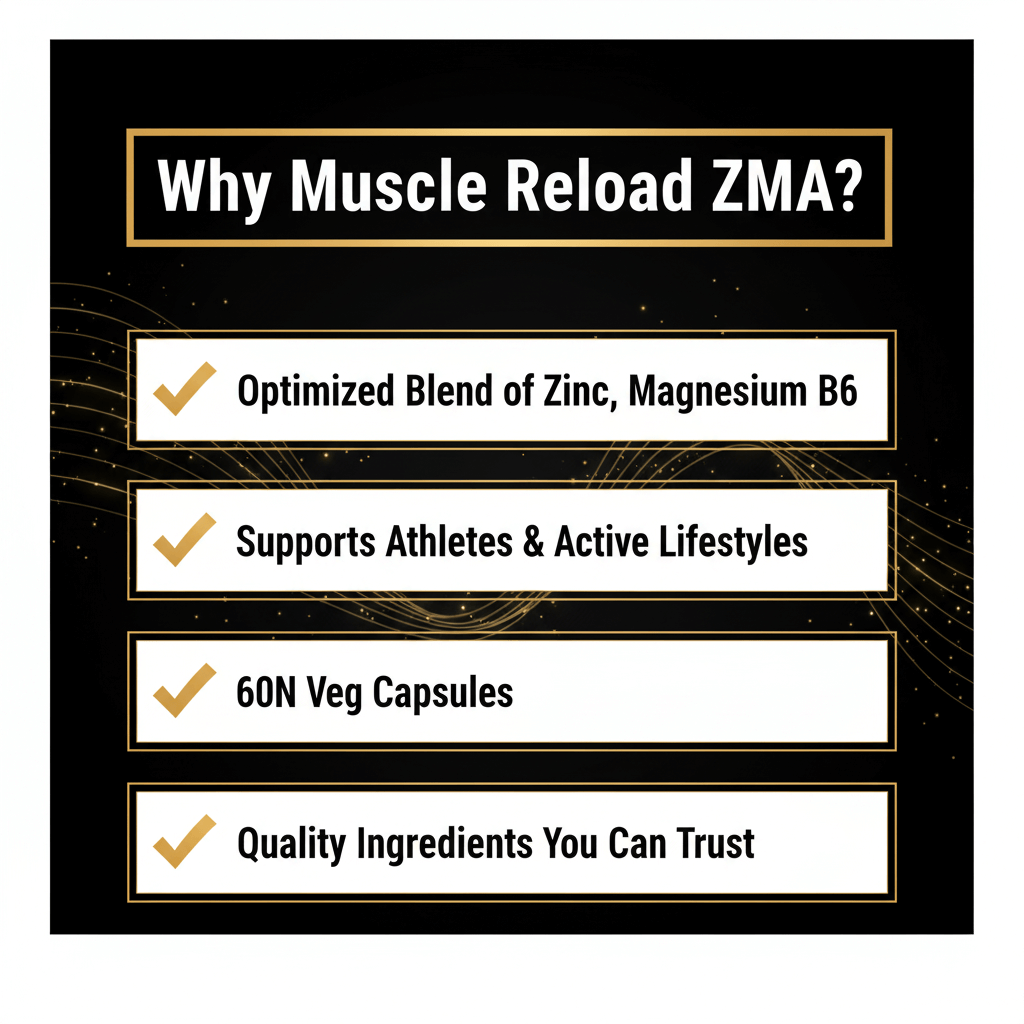 Muscle Reload ZMA Unique Selling Points: Optimized blend, supports athletes, 60N veg capsules, and quality ingredients.