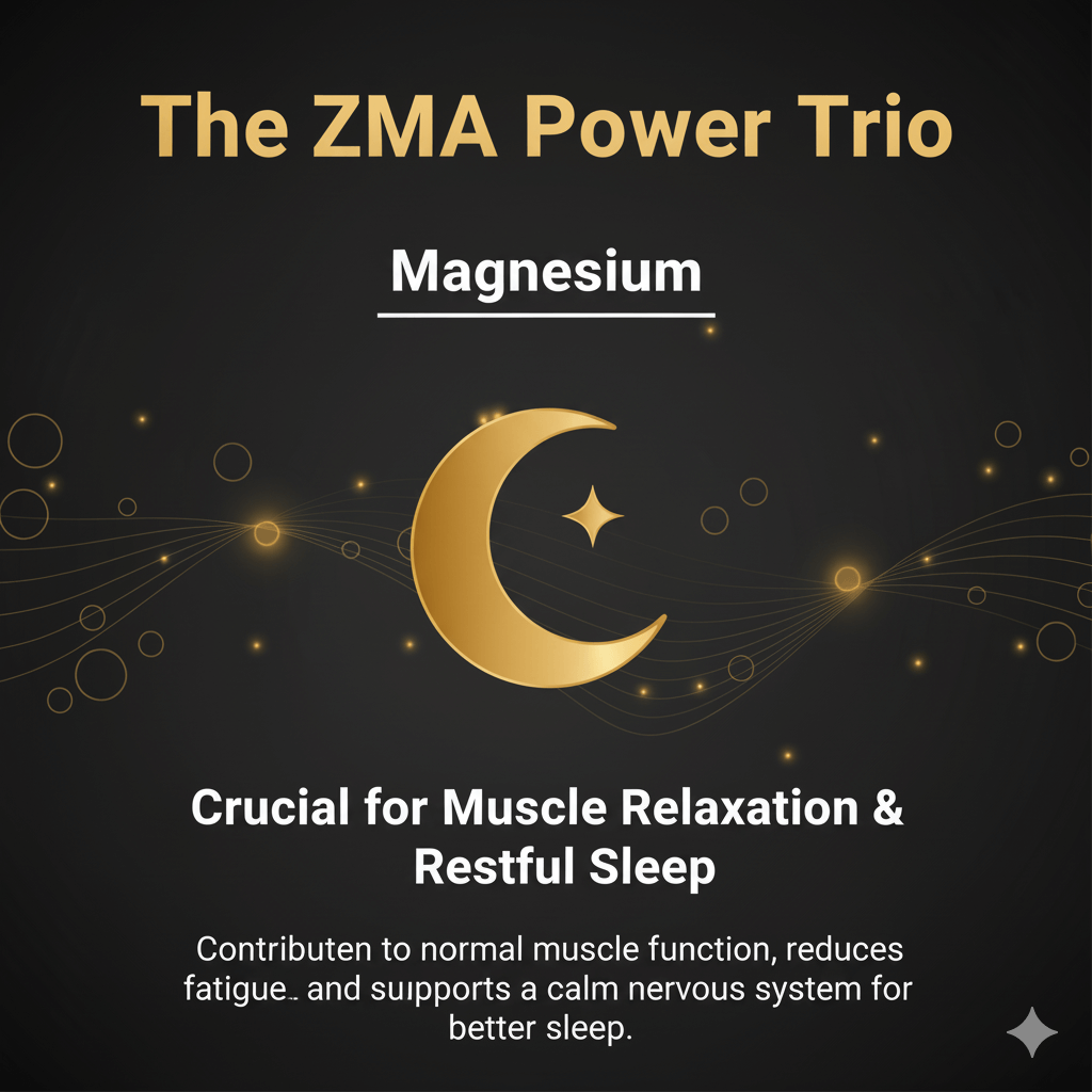 Muscle Reload ZMA graphic: Magnesium. Crucial for relaxation and restful sleep, supporting normal muscle function and a calm nervous system.