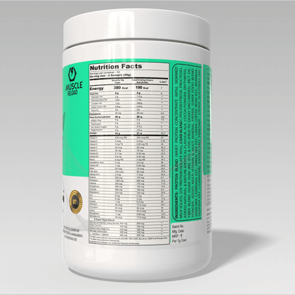 Nutrition facts label of Gro Strong Lean on a supplement container with a white background