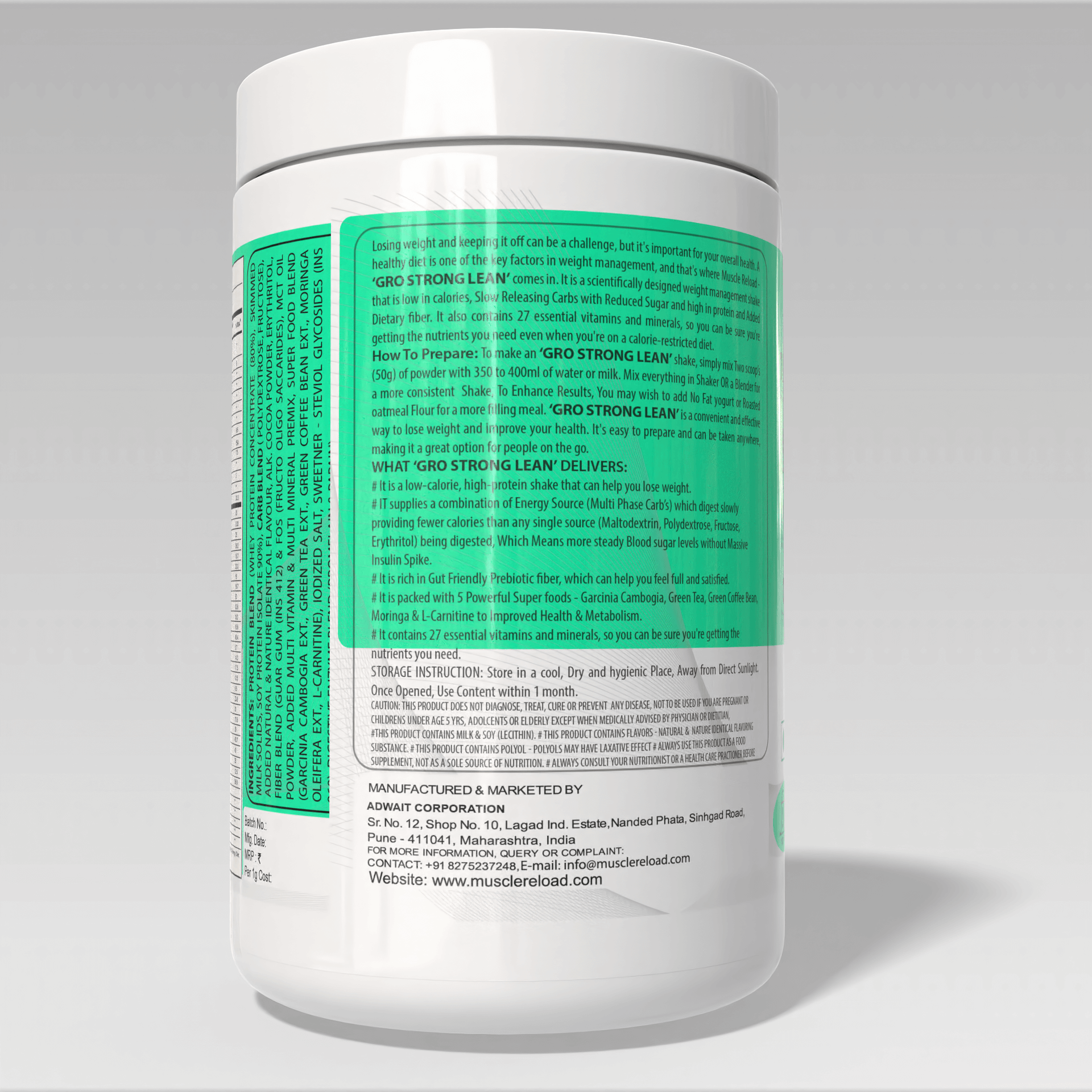 Supplement container with green and white label  of Gro Strong Lean Meal Replacement on a gray background