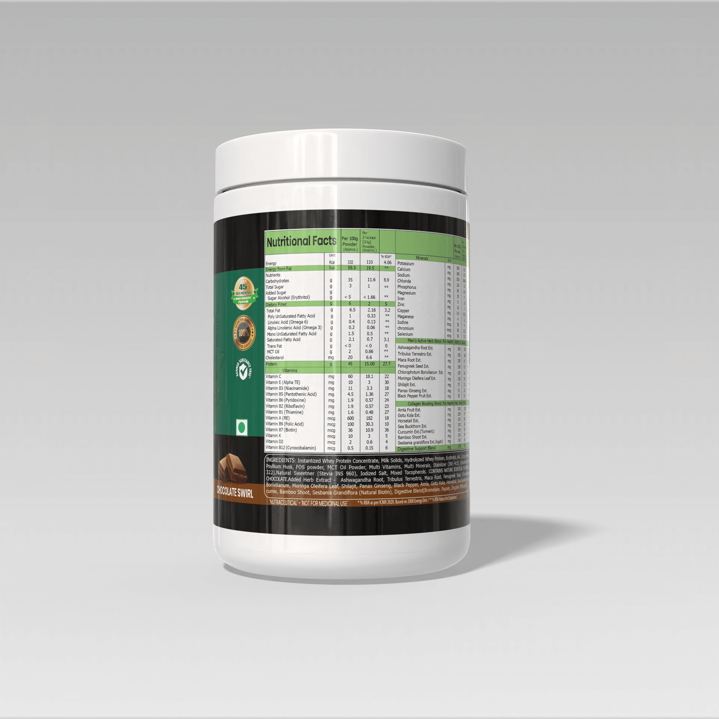 White supplement container with a detailed label of  Muscle Reload Herba Fuel Intense, a men's herbal protein powder designed for strength, hormones, and recovery.on a gray background