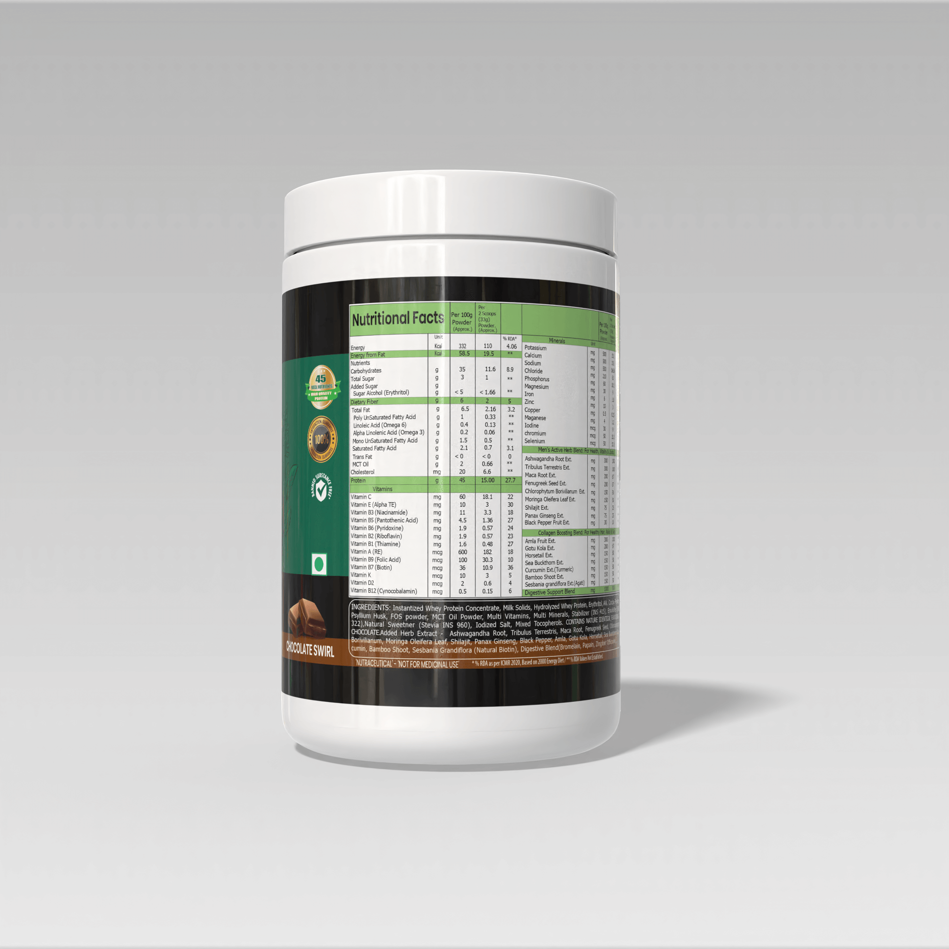 White supplement container with a detailed label of  Muscle Reload Herba Fuel Intense, a men's herbal protein powder designed for strength, hormones, and recovery.on a gray background
