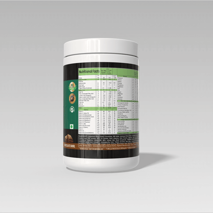 White supplement container with a detailed label of  Muscle Reload Herba Fuel Intense, a men's herbal protein powder designed for strength, hormones, and recovery.on a gray background
