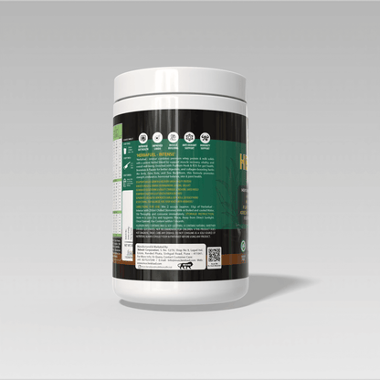 White supplement container with a detailed label of  Muscle Reload Herba Fuel Intense, a men's herbal protein powder designed for strength, hormones, and recovery.on a gray background