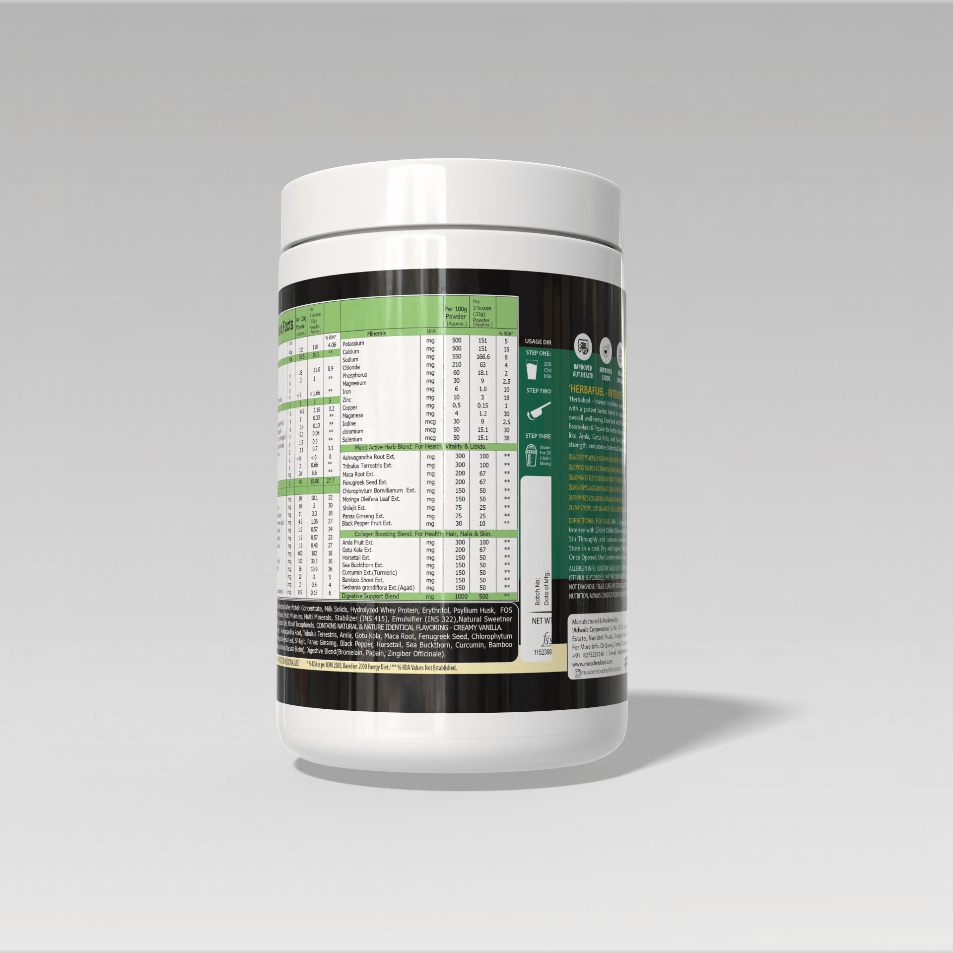 White supplement container with a detailed label of  Muscle Reload Herba Fuel Intense, a men's herbal protein powder designed for strength, hormones, and recovery.on a gray background