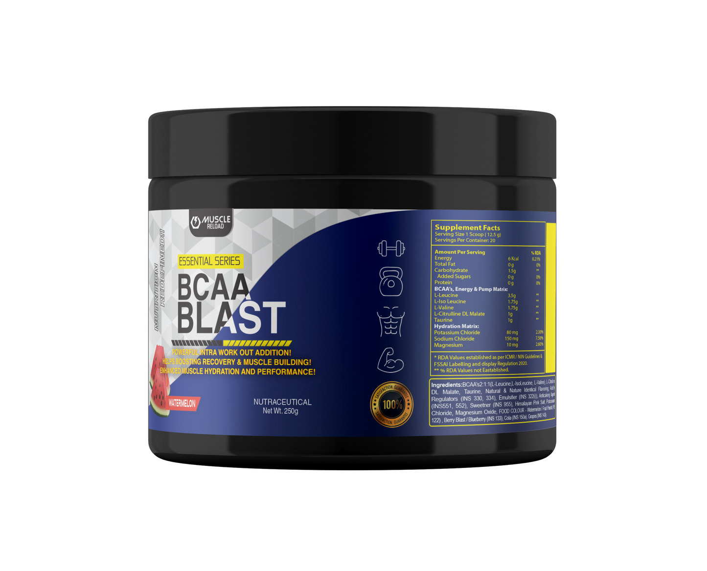 Muscle Reload BCAA Blast |250g | 20 Serving| | Fastest Muscle Recovery | Maximized Workout Performance | 7g BCAA | 1g L-Taurine | 1g L-Citrulline