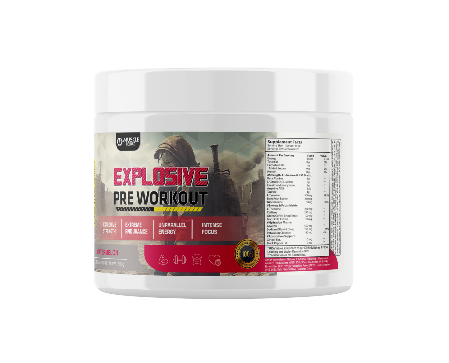 MRN EXPLOSIVE PRE WORKOUT | ALL IN ONE | STRENGTH, ENERGY, FOCUS, HYDRATION AND ABSORPTION BLEND- 20 SERVING | 300g