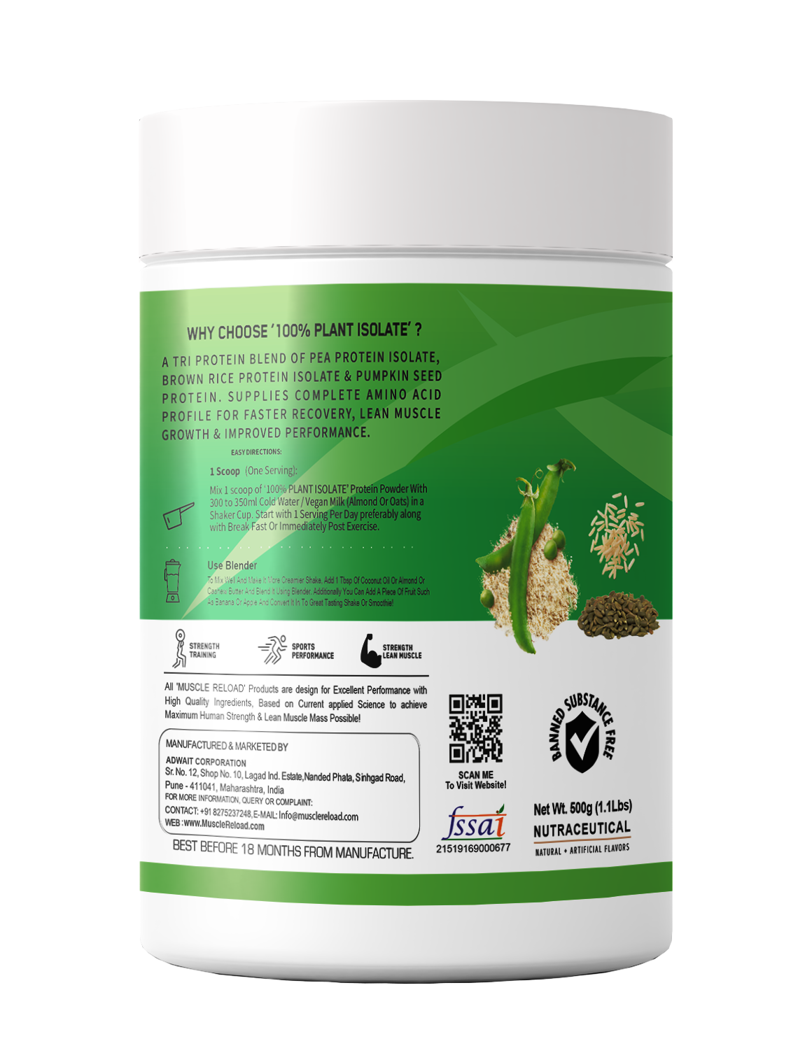 MRN 100% Plant Isolate | Vegan, Lactose Free & Soy Free | From Pea, Brown Rice Protein & Pumpkin Seed Powder | Active Lifestyle | Healthy Muscles | Weight Control | 24g Plant Protein | 4.4g BCAA  - 500G (12.5 SERVING)