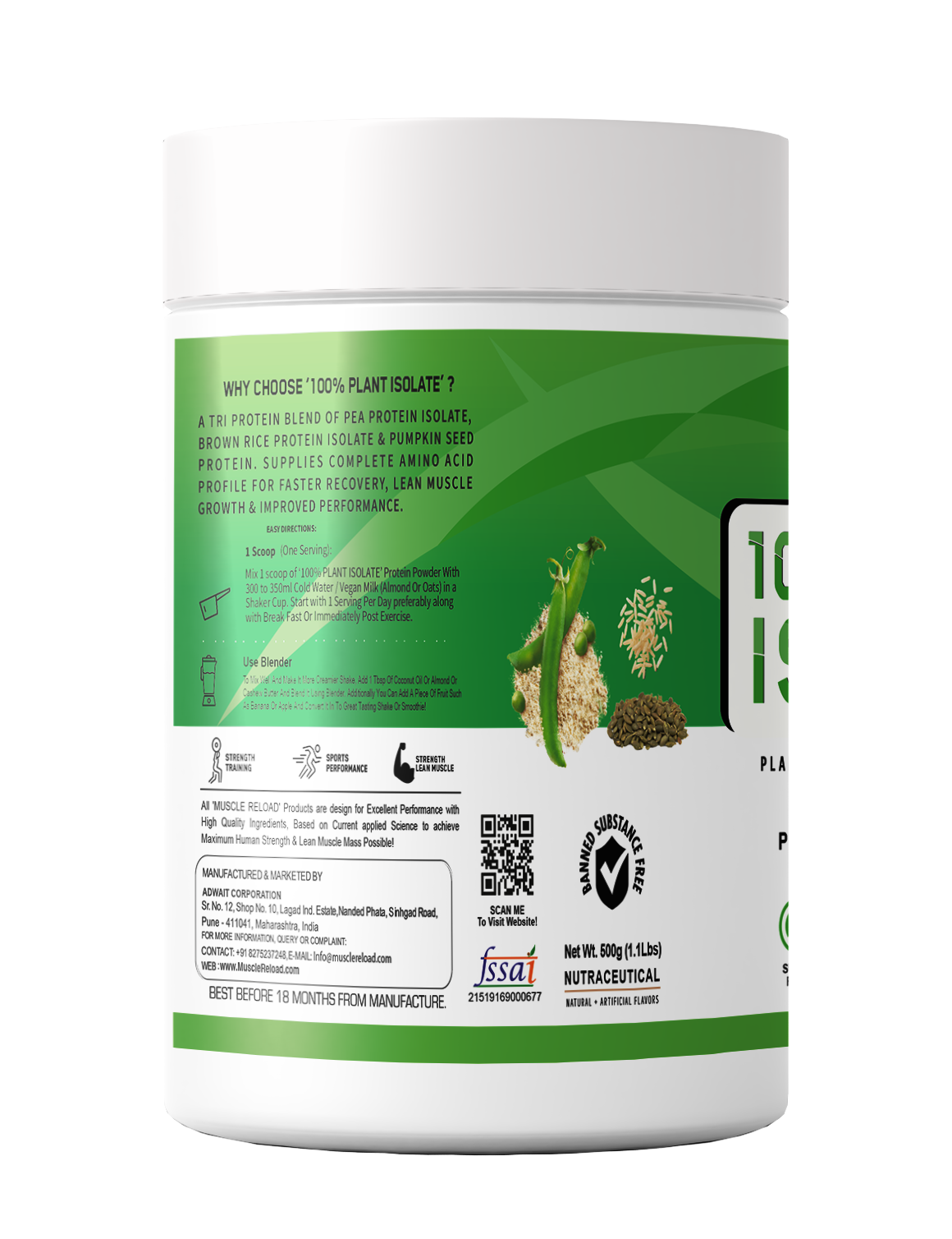 MRN 100% Plant Isolate | Vegan, Lactose Free & Soy Free | From Pea, Brown Rice Protein & Pumpkin Seed Powder | Active Lifestyle | Healthy Muscles | Weight Control | 24g Plant Protein | 4.4g BCAA  - 500G (12.5 SERVING)