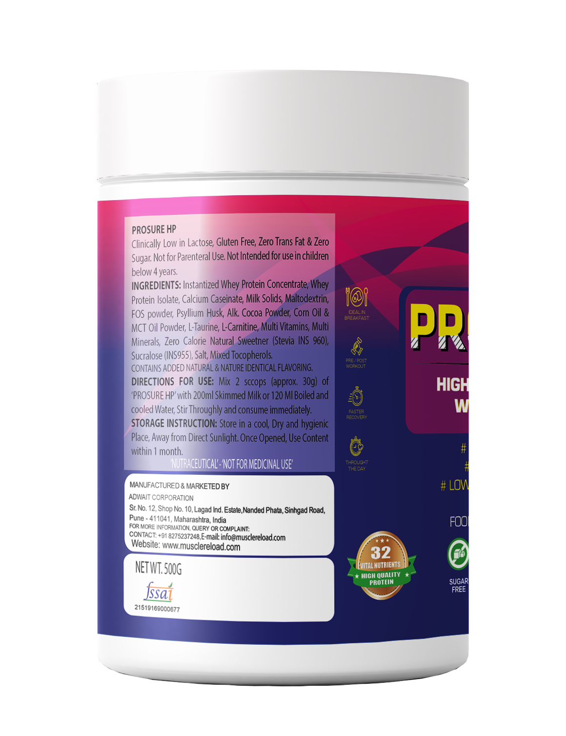 Muscle Reload Prosure HP| High Fiber & Zero Added Sugar| Protein Powder Supplement for Elders, 40+ & Old Age Men & Women For Muscles & Bone Strength |500g(1.1Lbs & 15 Serving)