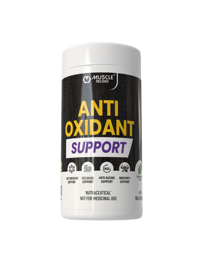 Supplement container labeled 'Anti-Oxidant Support' by Muscle Reload on a transparent background