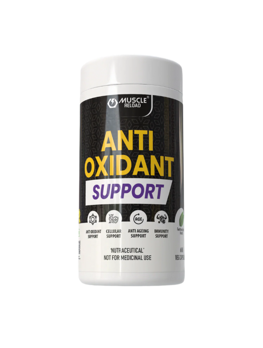 Supplement container labeled 'Anti-Oxidant Support' by Muscle Reload on a transparent background