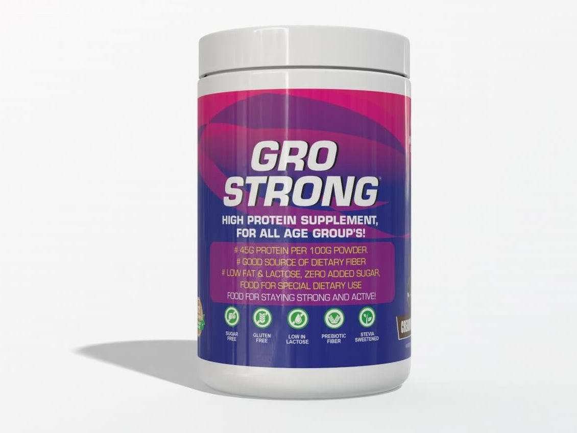 Gro Strong protein supplement container on a white background