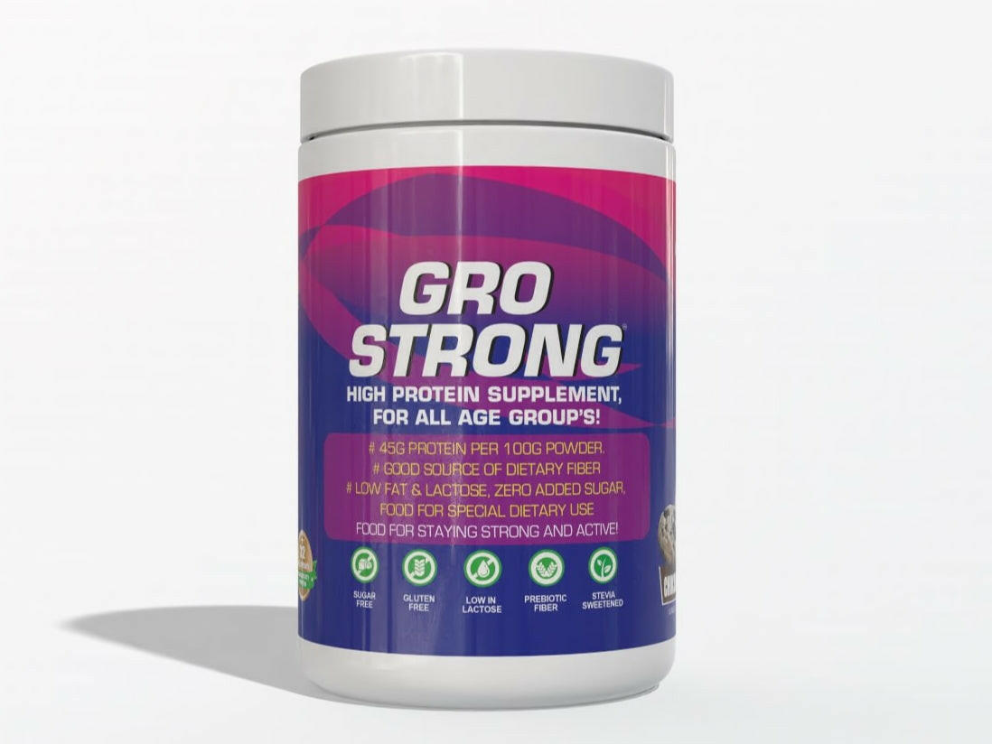 Gro Strong high protein supplement container cookies & Cream Flavor on a white background