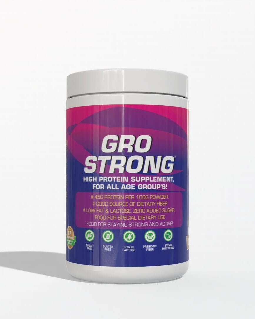 Gro Strong high protein supplement container Caffe Frappe Flavor on a white background