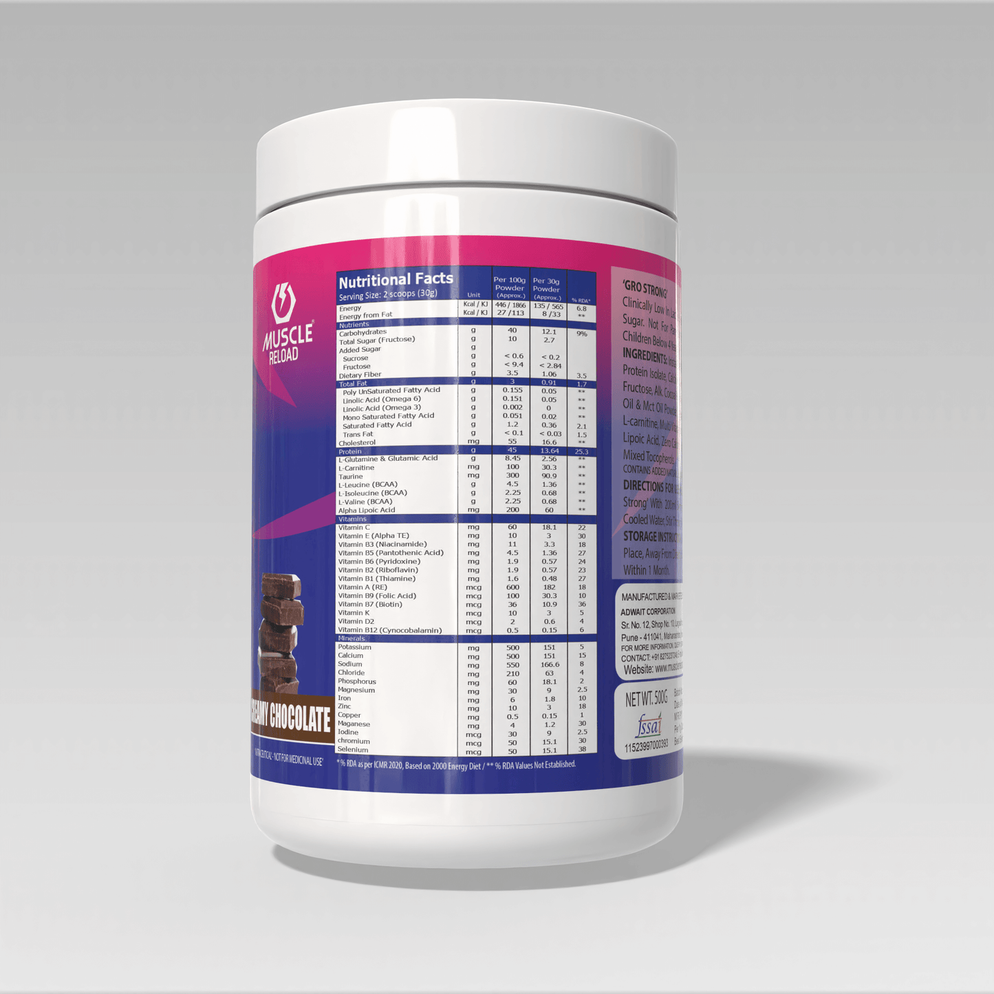 Supplement container Gro Strong Protein Chocolate Flavor with nutritional label on a gray background