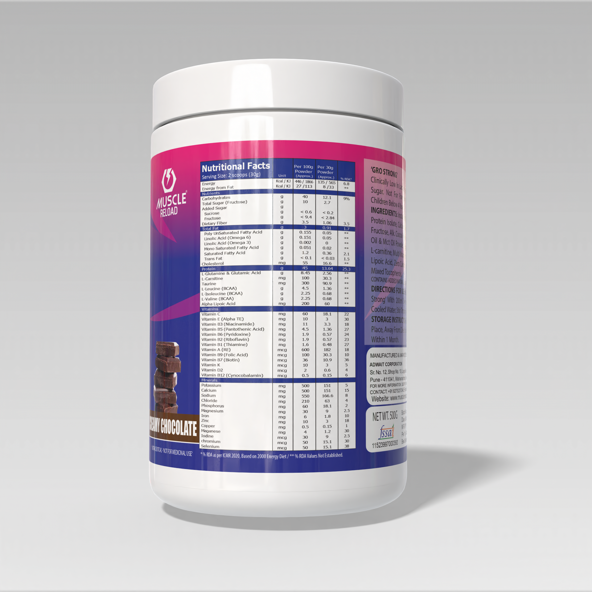 Supplement container Gro Strong Protein Chocolate Flavor with nutritional label on a gray background