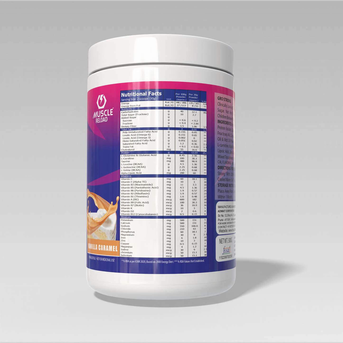 Supplement container Gro Strong Protein Vanilla Flavor with nutritional label on a gray background