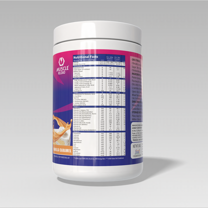 Supplement container Gro Strong Protein Vanilla Flavor with nutritional label on a gray background