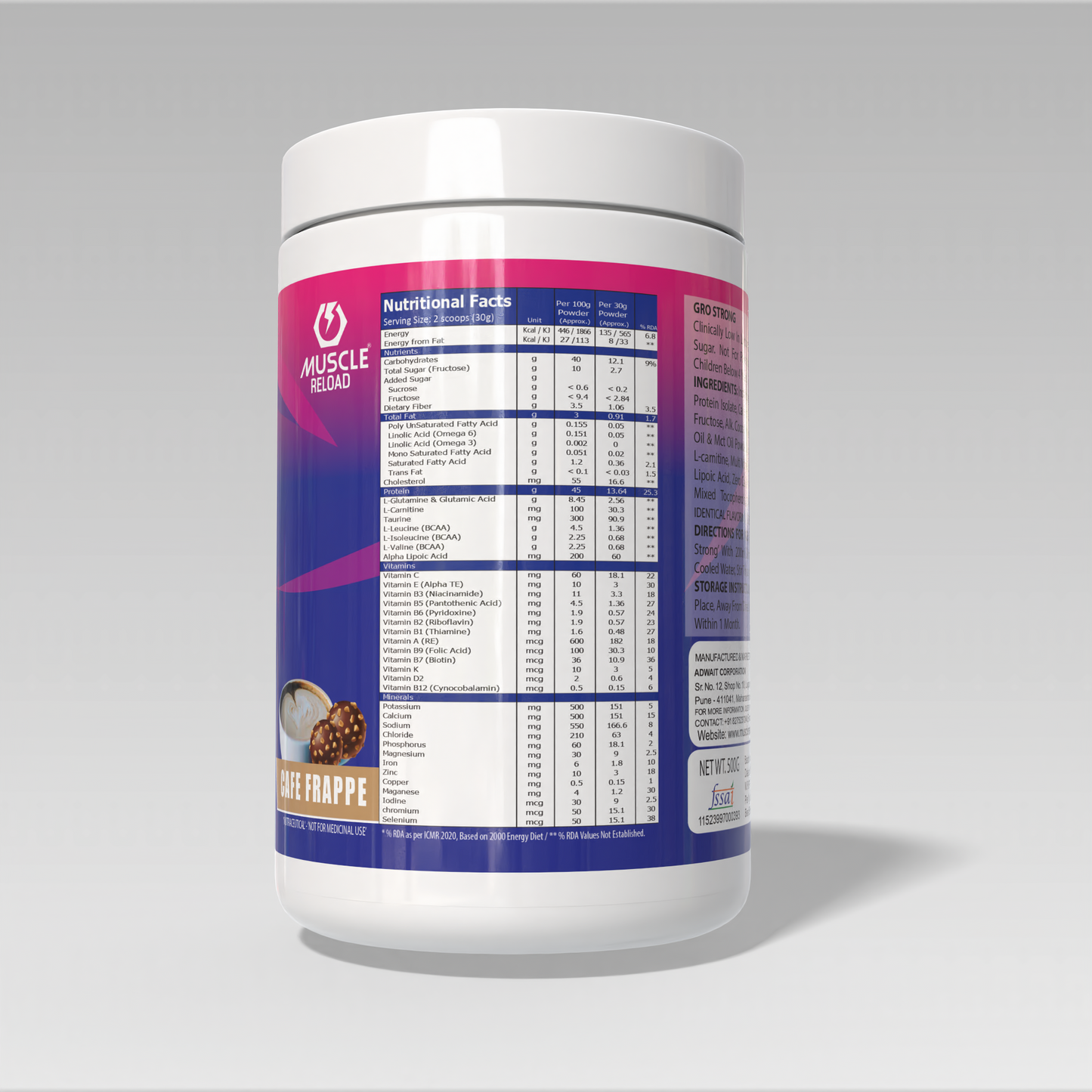 Supplement container Gro Strong Protein Caffe Frappe Flavor with nutritional label on a gray background