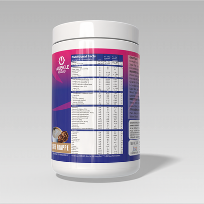 Supplement container Gro Strong Protein Caffe Frappe Flavor with nutritional label on a gray background