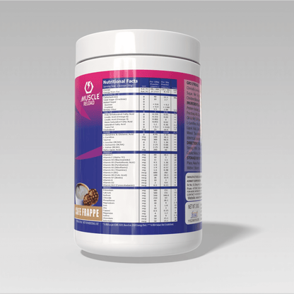 Supplement container Gro Strong Protein Caffe Frappe Flavor with nutritional label on a gray background