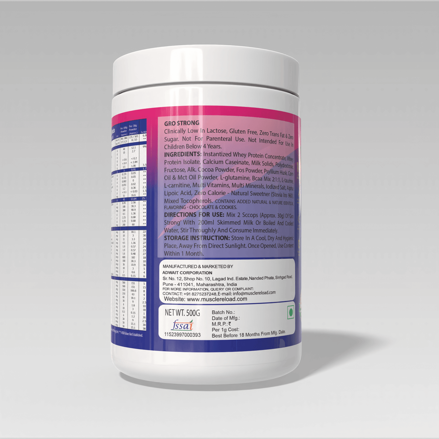 Supplement container Gro Strong Protein Chocolate Flavor with nutritional label on a gray background