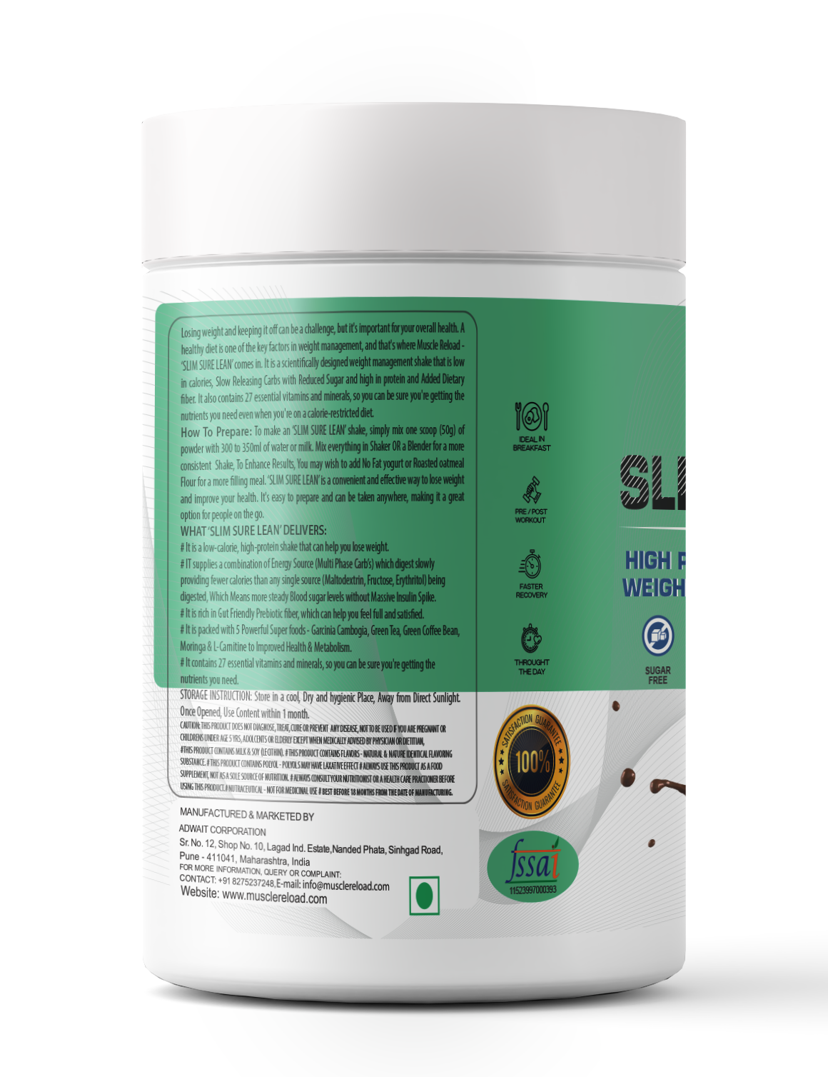 Muscle Reload Slim Sure Lean Shake | 10 Servings | Supports Weight-Loss Efforts | Helps Control Appetite | Sustains Lean Muscle Profile | 21g Protein | 3g Fibre | No Added Sugar |- 500g