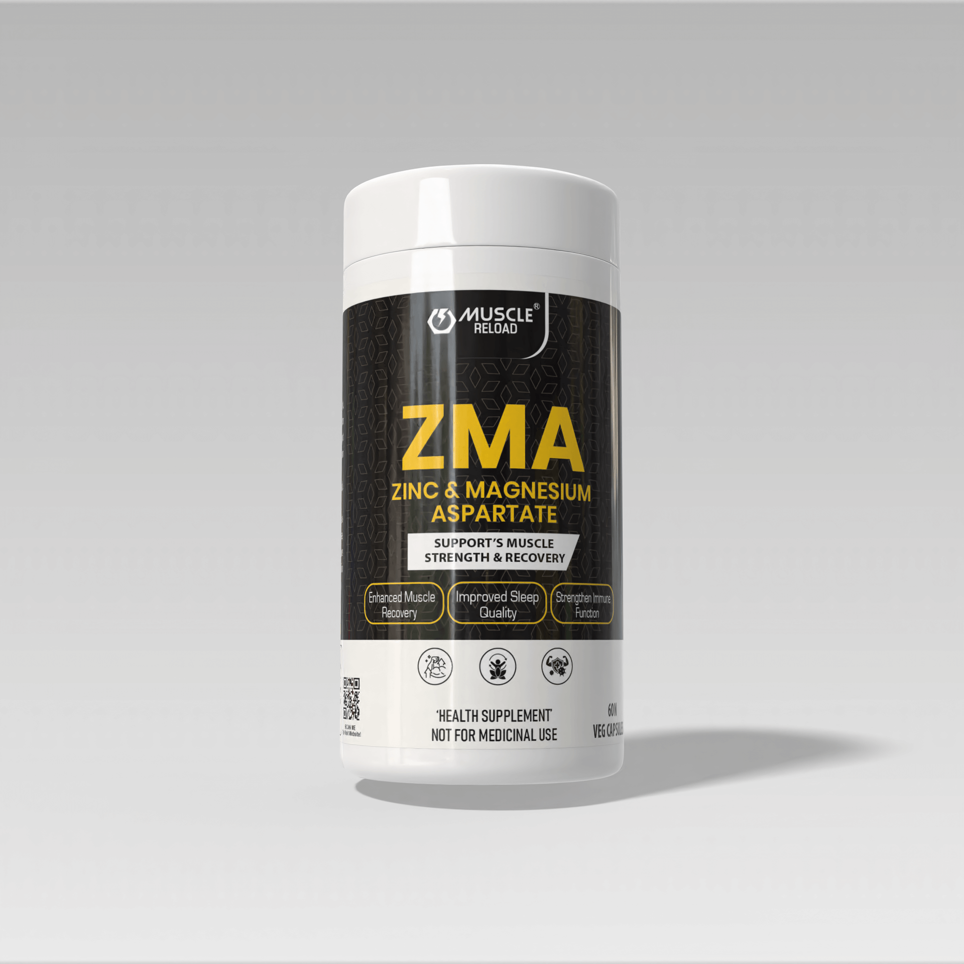 Muscle Reload ZMA supplement graphic. Title: Unlock Your Nighttime Potential! Zinc, Magnesium, and Vitamin B6 for peak performance and recovery.