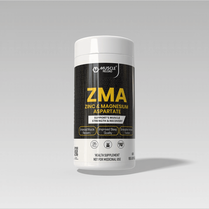 Muscle Reload ZMA supplement graphic. Title: Unlock Your Nighttime Potential! Zinc, Magnesium, and Vitamin B6 for peak performance and recovery.