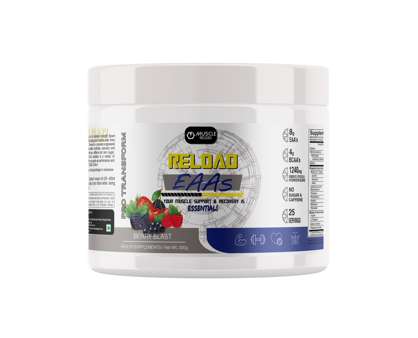 MRN RELOAD EAA 8000mg Supplement with BCAA 4000mg | EAA Supplement for Men & Women with Focus, Energy & Hydration Blend - 300g Powder/ 25 Serving