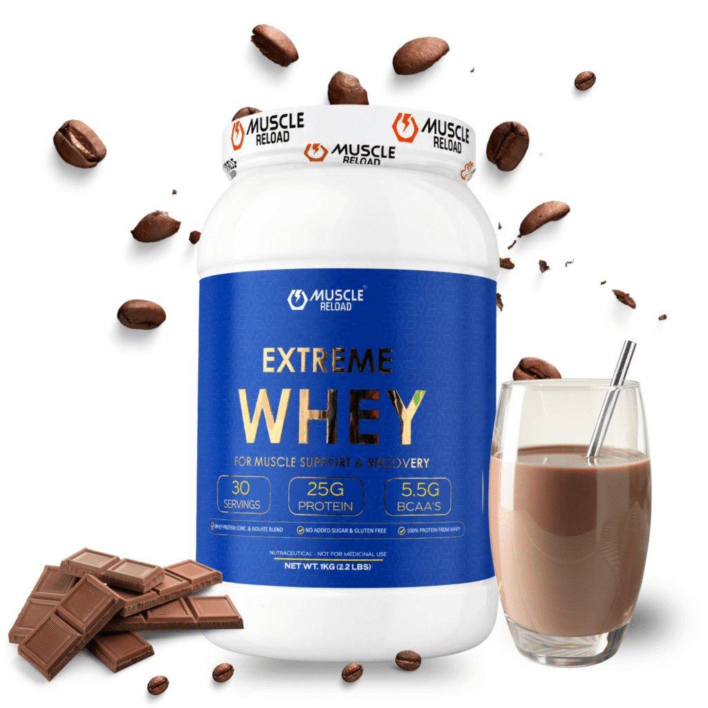 Muscle Reload Extreme Whey Protein tub, a WPC + WPI + WPH blend, shown for the whey isolate vs concentrate comparison